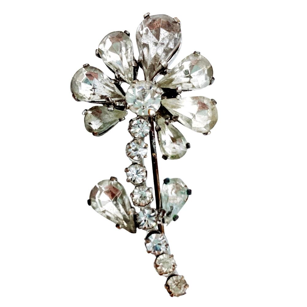 Vintage Signed Czecho Floral Brooch, Open Back Rhinestones